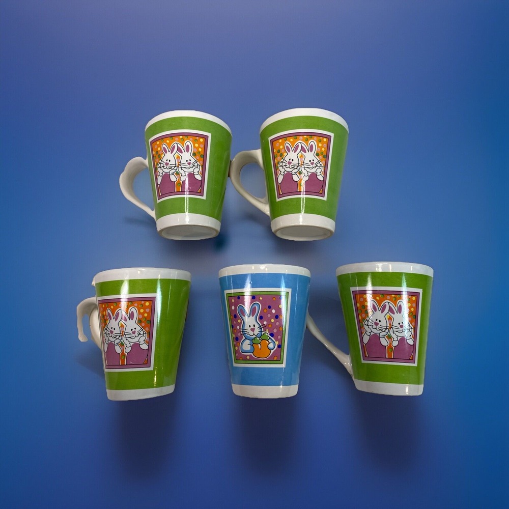 Easter Bunny Ceramic Mugs Spring Coffee Tea Cups Cute Rabbit Mugs~Set Of 5 12ozs